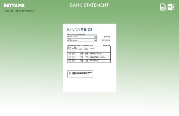 модерен стил Чиле Банко Бице извод од банка, шаблон за верзија на ексел